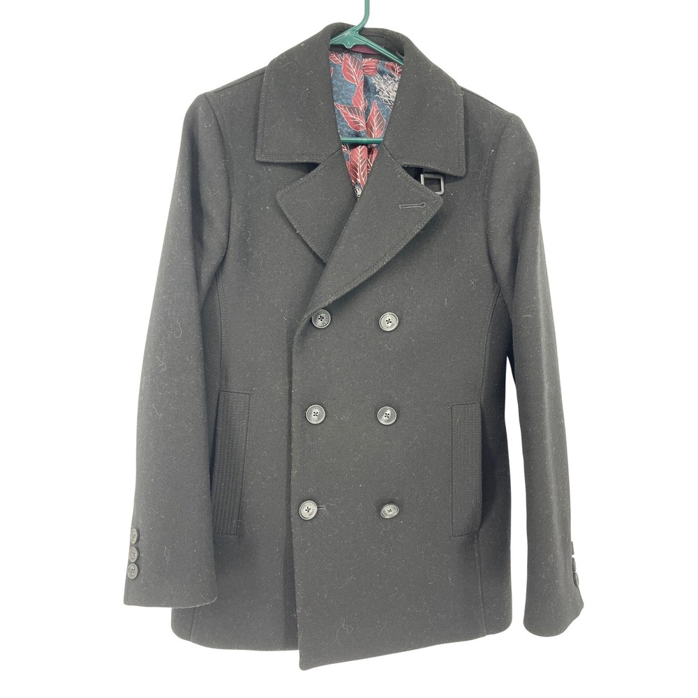 Ted Baker London Mens Black Wool Blend Double Breasted Pea Coat Size 2 (USS)120